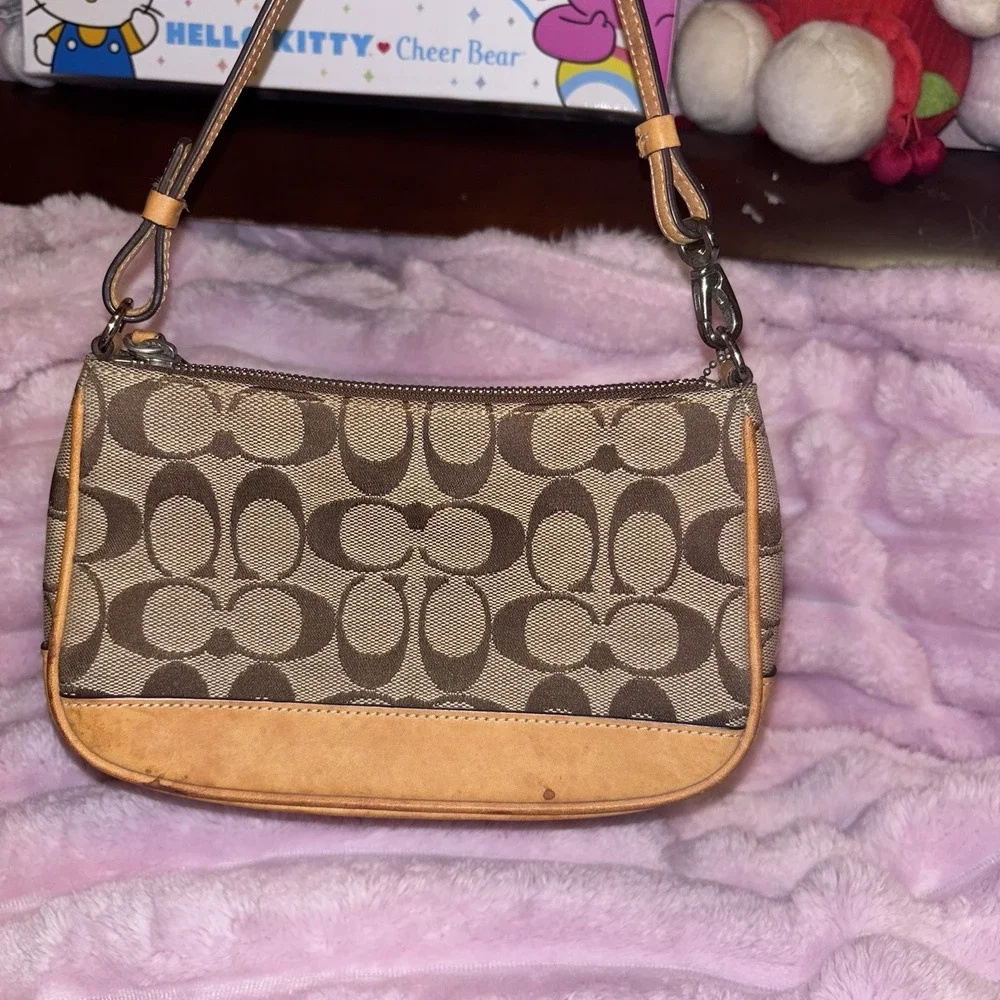 Vintage Coach  Signature Demi Mini Bag Tan Canvas Leather Y2K Shoulder Bag Brown - Picture 2 of 4